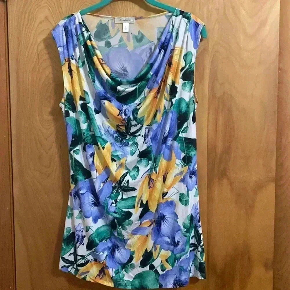 Dressbarn floral scoop neck tank top in yellow and blue Size Large Euc